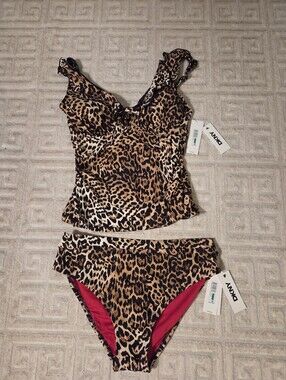 NWT DKNY Ruffled Top Animal Print 2 PieceTankini Size Large
